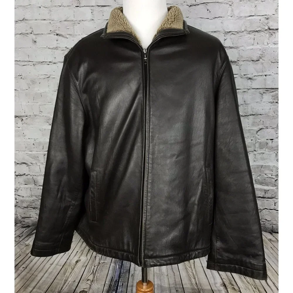 J Ashford‎ Mens Brown Leather Faux Sherpa Full Zip Jacket XXL